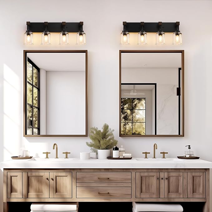 Farmhouse Bathroom Vanity Light, 4 Light Black Bathroom Vanity Light Fixtures Over Mirror, Rustic Wall Lighting with Clear Glass Shades for Living Room, Bedroom, Hallway