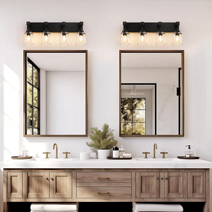 Farmhouse Bathroom Vanity Light, 4 Light Black Bathroom Vanity Light Fixtures Over Mirror, Rustic Wall Lighting with Clear Glass Shades for Living Room, Bedroom, Hallway