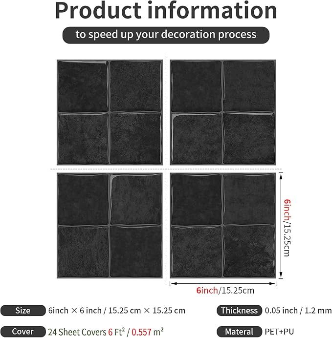 Charcoal Black 4 Sheets 6x6 Inch Peel and Stick Subway Tile Backsplash, Self Adhesive Wall Tiles for Kitchen Bathroom, Thick Waterproof Heat Resistant, Easy Install No Grout, Renter Friendly