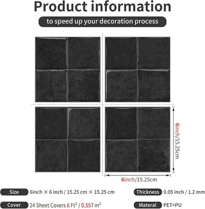 Charcoal Black 24 Sheets 6x6 Inch Peel and Stick Subway Tile Backsplash, Self Adhesive Wall Tiles for Kitchen Bathroom, Thick Waterproof Heat Resistant, Easy Install No Grout, Renter Friendly