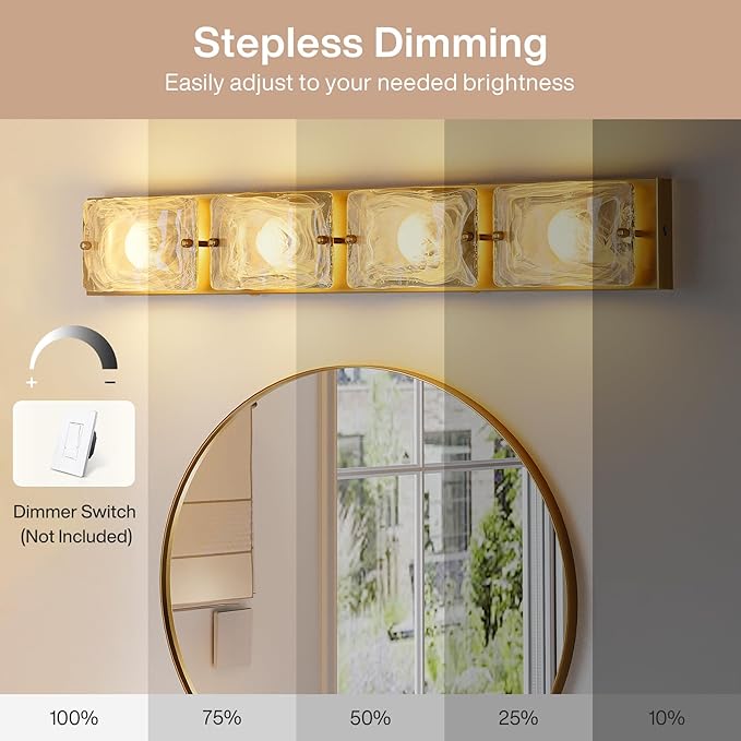 Tribesigns 4-Light Vanity Fixtures, Curved Cloud Glass Lampshades Gold Copper Plate, Modern Bathroom Wall Lighting Fixtures Over Mirror, 3CCT LED Vanity Lights (29-Inch, 3000K/4000K/5000K, Dimmable)