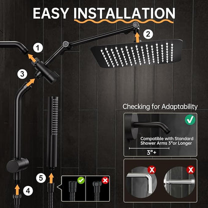 Veken 10" Luxurious All Metal Rain Shower Head with Handheld Spray Combo, High Pressure Rainfall Square Shower Heads with Extension Arm, Wide Dual Showerhead, Bathroom Accessories, Matte Black