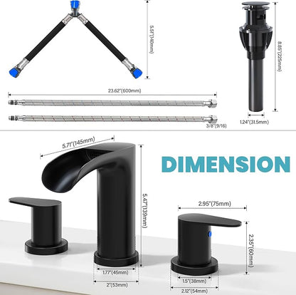 Black Bathroom Faucet - Waterfall Faucets Bathroom 8 Inch, 2 Handles Widespread Vanity Faucets 3 Holes for Lavatory Restroom RV Bathtub with Pop Up Drain & Supply Lines Matte Black