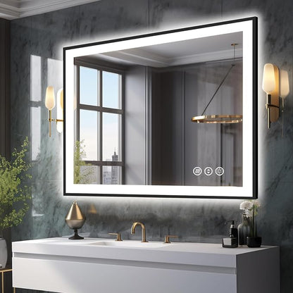 EchosLife 40x36 LED Bathroom Vanity Mirrors - Black Aluminum Edge | Black Frame, Front and Backlit, Anti-Fog, Stepless Dimmable, 3 Colors, Memory, Tempered Glass, UL Listed, Horizontal/Vertical