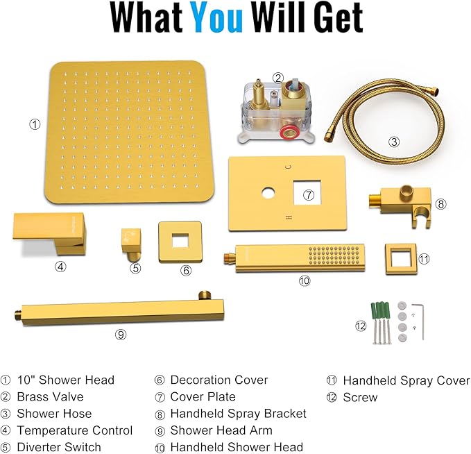 EMBATHER Brushed Gold Shower System- 10 inch Shower Faucet Sets with Rain Shower Head Hand Held Shower Head for Bathroom, Wall Mounted Square Shower Combo Set (Contain Shower Valve and Trim)