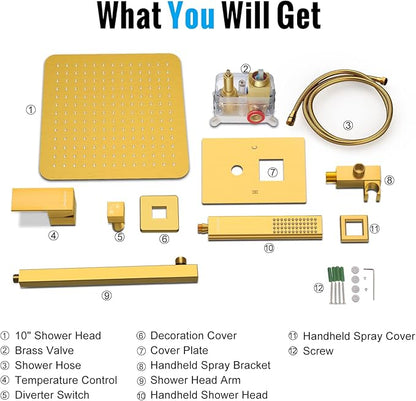 EMBATHER Brushed Gold Shower System- 10 inch Shower Faucet Sets with Rain Shower Head Hand Held Shower Head for Bathroom, Wall Mounted Square Shower Combo Set (Contain Shower Valve and Trim)
