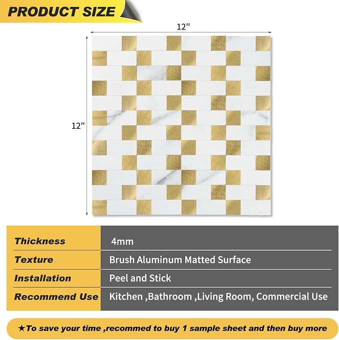Yipscazo Peel and Stick Backsplash Tile, Stick on Stainless Steel Backsplash Metal Tiles for Kitchen Walls in Marble White Mixed Gold (12''x12'',20 Sheets)