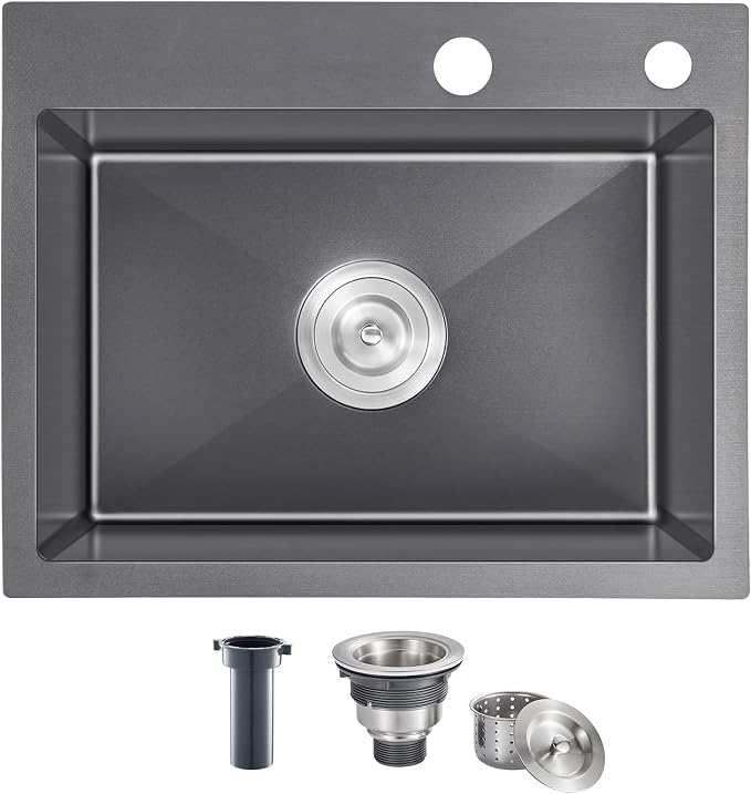 Black Topmount Kitchen Sink - 22”×18” Single Bowl Sink | 9 Inch Deep Handmade Bar Sink with Strainer, Stainless Steel 304, Center Drain, X-Groove Drainage, Sound-Dampening Pad