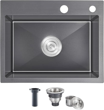 Black Topmount Kitchen Sink - 22”×18” Single Bowl Sink | 9 Inch Deep Handmade Bar Sink with Strainer, Stainless Steel 304, Center Drain, X-Groove Drainage, Sound-Dampening Pad