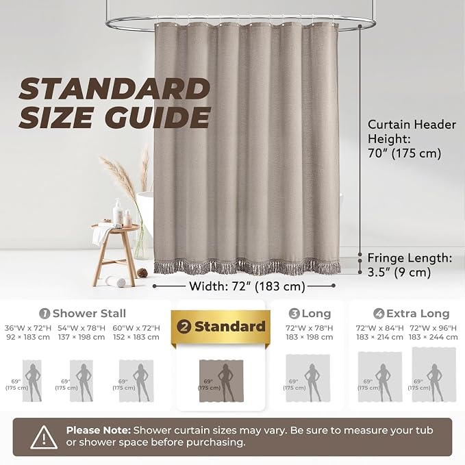 Linen Shower Curtain Boho Taupe Shower Curtain with Tassels 72"W x 72"L | Thick linen-poly blend, soft textured drape, handcrafted fringe, neutral rustic farmhouse bathroom decor
