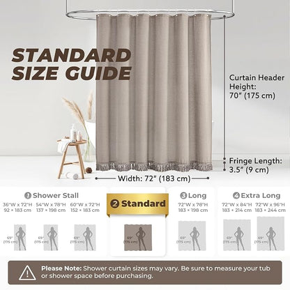 Linen Shower Curtain Boho Taupe Shower Curtain with Tassels 72"W x 72"L | Thick linen-poly blend, soft textured drape, handcrafted fringe, neutral rustic farmhouse bathroom decor