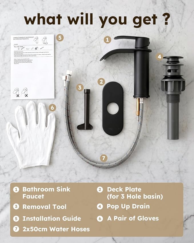 WOWOW Waterfall Bathroom Faucet Matte Black: Bathroom Sink Faucet for 1 Hole or 3 Holes, Single Handle Vanity Faucet with Pop up Drain, Stainless Steel Basin Sink Tap for RV Lavatory
