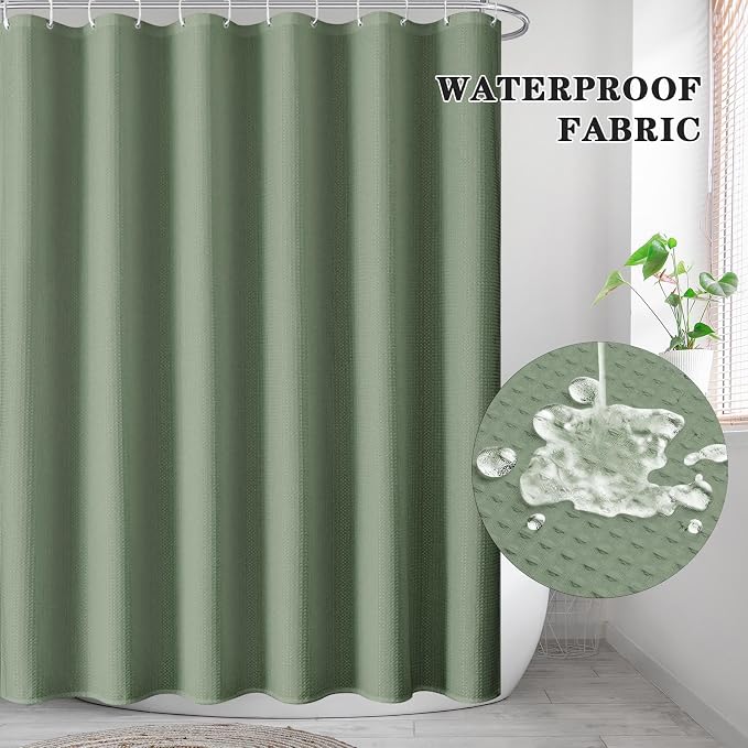 Shower Curtain Set, for Bathroom Decor 72" x 72", Sage Green | Waffle Textured Modern Solid Waffle Textured Cloth Waterproof Matching Window Shower Curtain 36 x 30 Inches