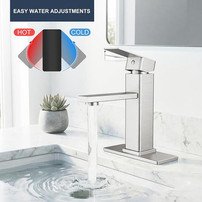 Jlorilaisa Brushed Nickel Bathroom Faucet Single Hole with Pop-Up Drain | Single Handle Bathroom Sink Faucet with Deck Plate, Suitable for RV, Farmhouse, Vanity Sinks, 1 or 3 Hole Installation