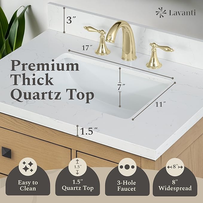 Lavanti Oakford 42 Inch Bathroom Vanity with Sink – Stylish Firwood Oak Vanity Bathroom with Storage Cabinet – Modern Bathroom Vanities with Single Vanity Sink & Quartz Countertop