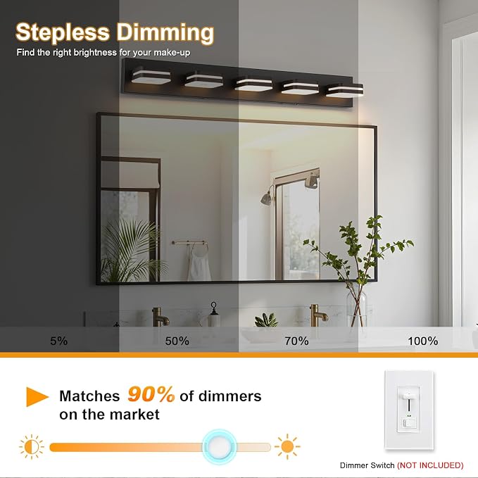 Modern Bathroom Vanity Light Fixture, 34" 5-Light Dimmable LED Wall Sconce Over Mirror, Matte Black Acrylic Vanity Lights for Bathroom, 5CCT Adjustable, Indoor Use