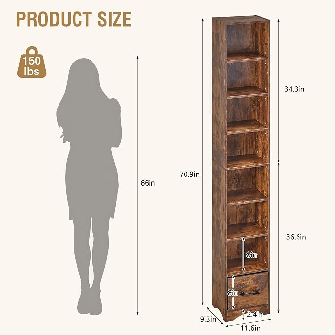 VECELO Tall Narrow Bookshelf with Drawer, 6 Adjustable Movable Shelves, Wood Space Saving Corner Storage Cabinet for Bathroom Bedroom, Retro Brown
