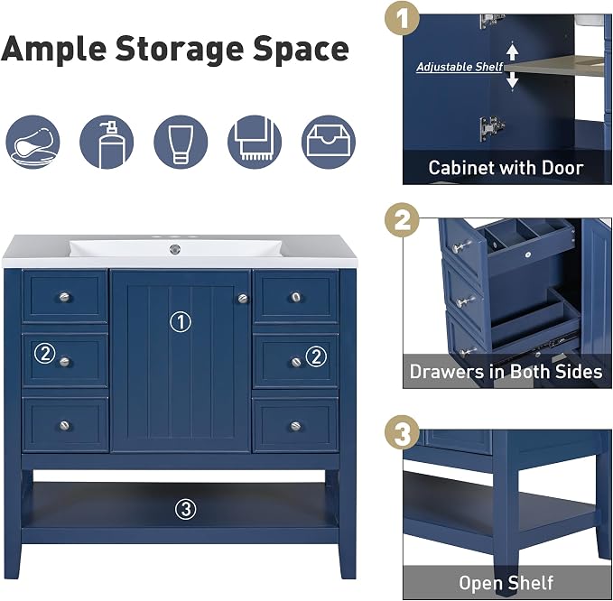 36" Bathroom Vanity with Sink Combo,One Three Drawers,Multi-Functional Solid Wood Cabinets Frame w/Adjustable Shelf & Silver Round Knobs,Stainless Steel Hinges,Blue