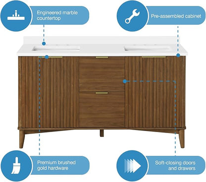 OVE Decors Indy 60 in. Undermount Double Sink Bathroom Vanity with White Engineered Marble Top, Warm Walnut