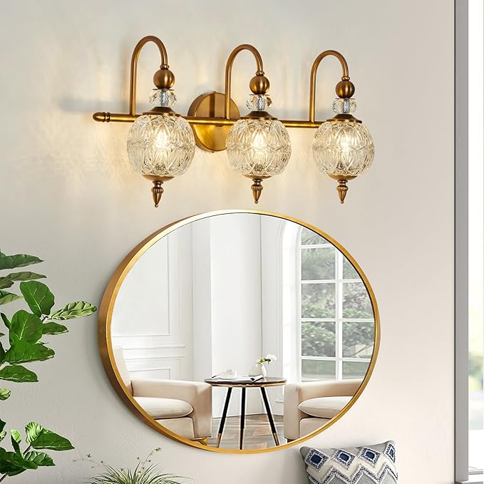Vintage Bathroom Lights Fixtures Gold Vanity Light with Glass Globe LampShade 3 Light Mid Century G9 Bulb Wall Sconce Indoor Vanity Light Over Mirror for Kitchen Bedroom Farmhouse Living Room