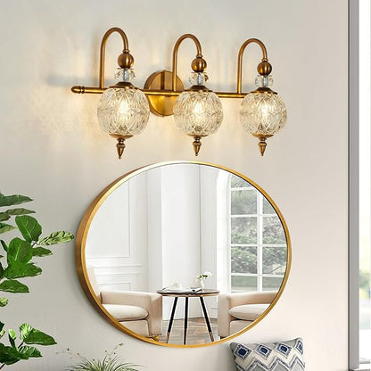 Vintage Bathroom Lights Fixtures Gold Vanity Light with Glass Globe LampShade 3 Light Mid Century G9 Bulb Wall Sconce Indoor Vanity Light Over Mirror for Kitchen Bedroom Farmhouse Living Room