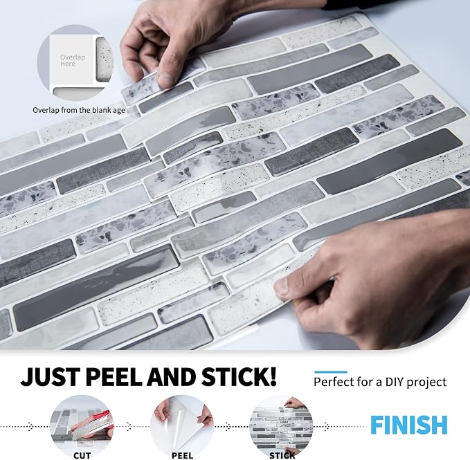Art3d Stone Peel and Stick Backsplash, 10-Sheet, 12" x 12", Grey Marble | Lightweight, Self Adhesive, Moisture Resistant, Easy to DIY, Modern Style, for Kitchen, Bedroom, Ideal for New Home Buyers
