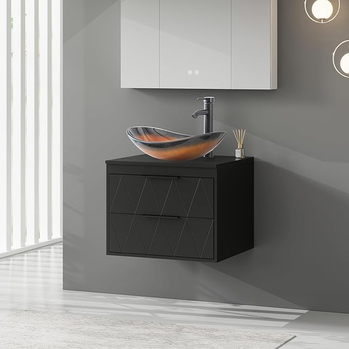 eclife 24" Floating Bathroom Vanities with Sink Combo, Wall Mounted Modern Cabinet W/Diamond Line Pattern Design, Brown Boat Glass Vessel Sink W/Water Save Faucet & Pop Up Drain, Black