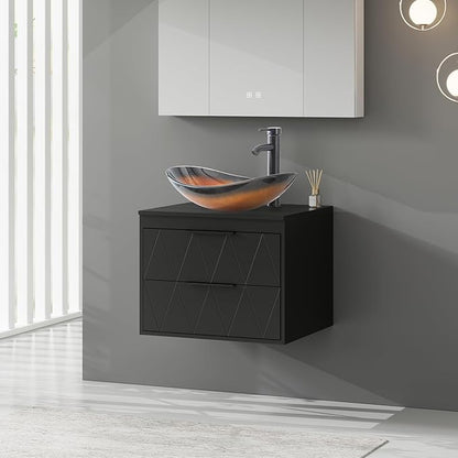 eclife 24" Floating Bathroom Vanities with Sink Combo, Wall Mounted Modern Cabinet W/Diamond Line Pattern Design, Brown Boat Glass Vessel Sink W/Water Save Faucet & Pop Up Drain, Black
