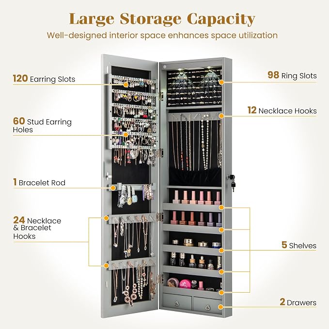NAFORT 2 LEDs Mirror Jewelry Cabinet, 47.5-Inch Tall Wall or Door Mounted Jewelry Organizers and Storage with Frameless Full-length Mirror, Lockable Jewelry Armoire with 2 Drawers, Gray
