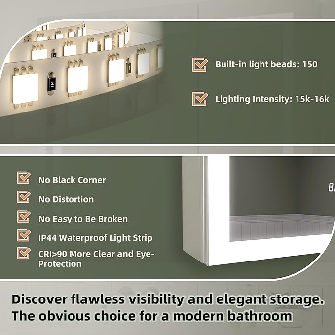 Edge LED Medicine Cabinet Mirror, 24x30 Inch Bathroom Storage, Recessed/Wall Mount, Plug-in/Hardwired, 3 Color Dimmable Light, Anti-Fog, Time Temp Display, Left Hinge