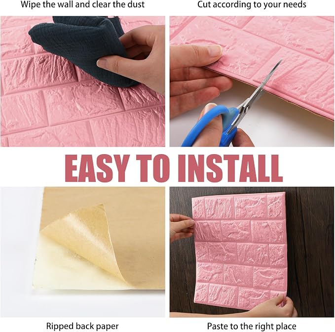 30 Pcs 3D Wall Panels Peel and Stick Wallpaper Foam, Elegant Pink | Faux Brick Stone Tiles, Covering 28.8-48.4 Sq ft, Self Adhesive Waterproof Panels for Bedroom Living Room Kitchen Walls
