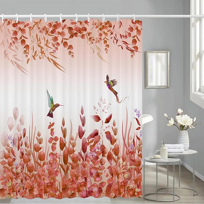 Kingfisher Autumn Red Shower Curtain - 72"W x 72"L with 12 Hooks, Weighted Hem, Waterproof, Red Leaf Pattern
