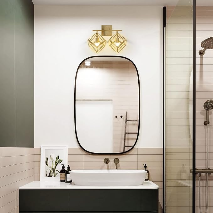 Bathroom Vanity Light with 2 Bulbs Bathroom Light Fixtures Over Mirror with Rotatable 2 Cube Shades Modern Wall Mounted Brushed Brass
