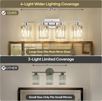 Torondo Modern Crystal Bathroom Vanity Light 4-Lights Chrome Bathroom Light Fixtures Over Mirror Vanity Lighting Fixtures Gold Square Shade Wall Sconce (Bulbs Not Include)