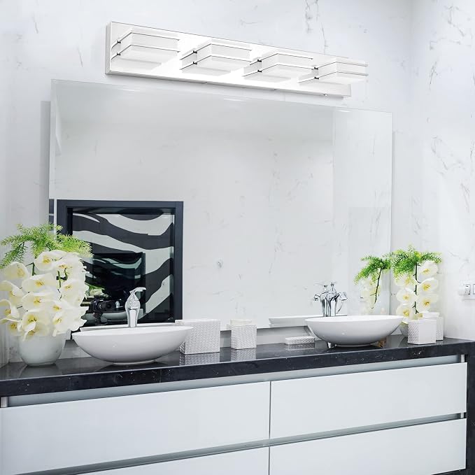 GOODATE 3 Color Temperature Dimmable Vanity Lights for Bathroom, LED Chrome 4 Light Vanity Light Fixtures, Acrylic Stainless Steel Square Shade Bathroom Light Fixtures Over Mirror, ETL Certificated