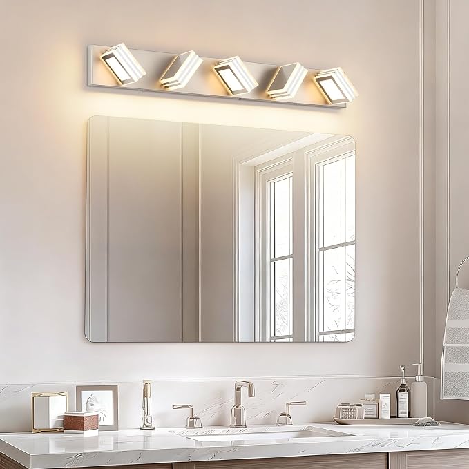 SOLFART LED Bathroom Lighting Fixtures - 5 Lights Modern Brushed Nickel Acrylic Vanity Lights for Mirror 32inch 24W 5CCT