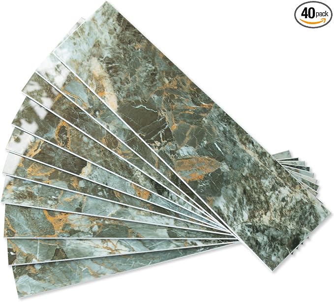 AULIGET 40-Piece Polished Green Marble with Gold Peel and Stick Backsplash Wall Tiles, 3" x 12" PVC Faux Stone Stick on Tiles for Backsplash Kitchen, Bathroom, Laundry Room, Camper, Fireplace