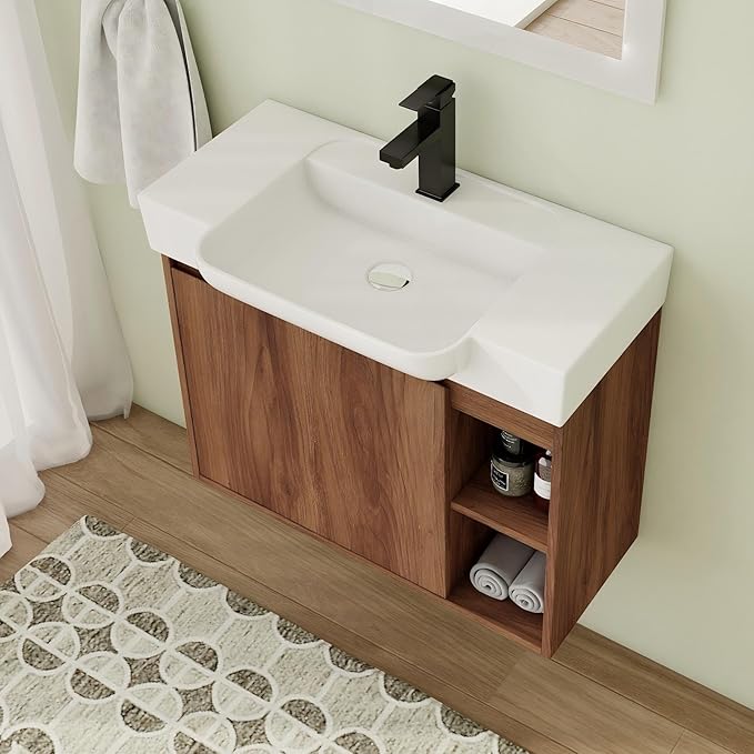 28 Inch Floating Vanity, 28" Bathroom Vanity with Sink, Single Sink Wall Mounted Vanity Combo, Modern Brown Bathroom Vanity Set with 1 Door