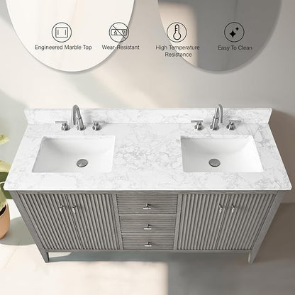 Vanity Art 60 inch Bathroom Vanity with Double Sink & Ceramic Top, Vanity Cabinet with Soft-Closing Door, Solid Wood Frame, Linear Pattern, Driftwood Gray, Golden Brushed Handware VA91360-DDG-GB