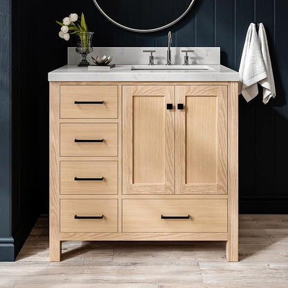 ARIEL Cambridge 36-inch Bathroom Vanity with Sink,Solid Wood, 1.5-inch Carrara White Quartz Countertop, Single Rectangular Porcelain Sink, 2 Soft Closing Doors, 5 Dovetail Drawers, White Oak
