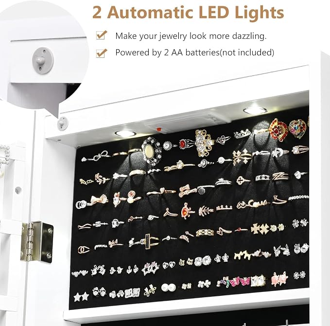 Moccha Wall Door Jewelry Armoire, Full Screen Jewelry Cabinet for Bedroom, Lockable Jewelry Cabinet, Jewelry Organizer Storage with 2 LED Lights and 2 Drawers, White