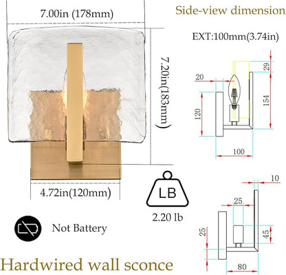 Modern Gold Wall Sconce with Water Rippled Glass Shades, 7-Inch Wall Lights | Vintage Vanity Light, Indoor Sconces Lighting with Gold Finish for Living Room Bedroom Bathroom Hallway Entryway
