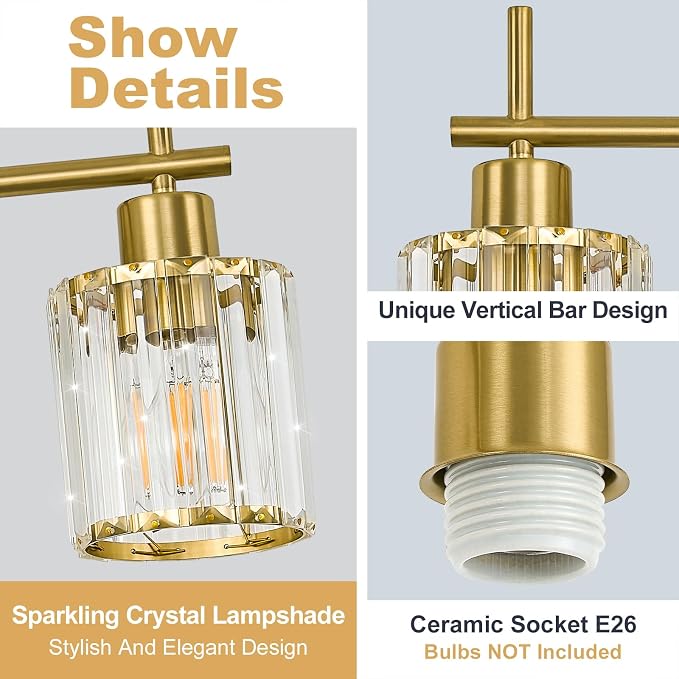 Brushed Gold Bathroom Light Fixtures, Round, 3-Light | Vanity Lights with Crystal Shades, Modern Bathroom Lighting Fixtures over Mirror (Bulbs Not Included, E26)