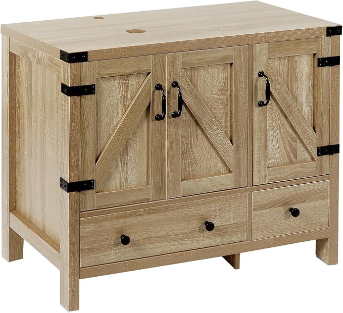36-inch Natural Color Bathroom Vanity with Side Cabinet, Rustic Fixture Standing Pedestal Cabinet Without Sink