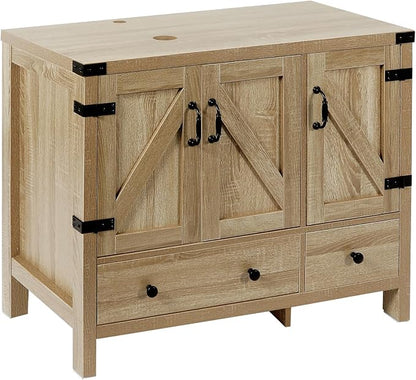 36-inch Natural Color Bathroom Vanity with Side Cabinet, Rustic Fixture Standing Pedestal Cabinet Without Sink
