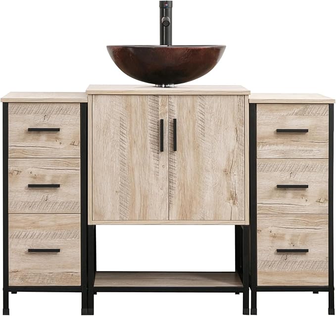 UEV Rustic 48" Bathroom Vanity,Oak Color Bathroom Vanity Set with Sink and 3 Drawers Side Cabinet Combo,with Adjustable Water Temperature Faucet (A09-New)