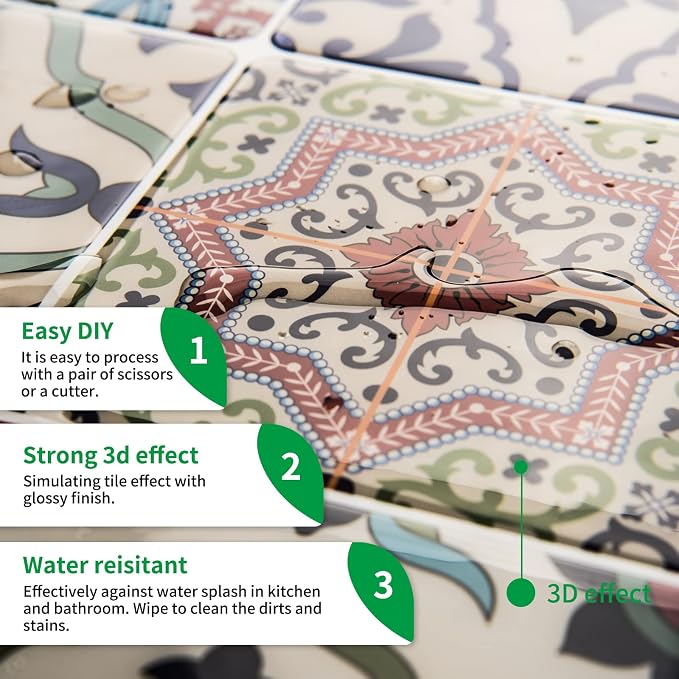 LONGKING Peel and Stick Backsplash Tile Stickers, Pistachio and Blue Tile for Kitchen, Stick on Wall Tiles (10 Sheets) | Peel and stick backsplash, self-adhesive wall tile, Pistachio Blue, waterproof, kitchen bathroom wall, 10-sheet