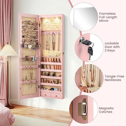 NAFORT 2 LEDs Jewelry Armoire with Full Length Mirror, Lockable Hanging Jewelry Organizer Cabinet with Categorical Storage, Wall or Door Mounted Jewelry Box with 2 Drawers for Cosmetic, Light Pink