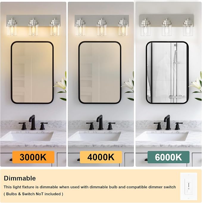 IZORRO Bathroom Vanity Light Fixture, 3-Light 22 Inch Brushed Nickel Bathroom Light Fixtures Over Mirror, with Clear Glass Shade, Modern Farmhouse Vanity Lights, Rustic Restroom Lighting Fixtures