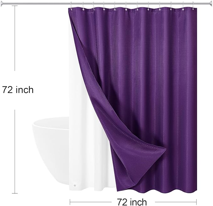 3 in 1 Purple Shower Curtain with PEVA Liner, 12 Hooks, 72x72 | Luxury Weighted Fabric Shower Curtain Set, 12 Stainless Steel Double-Sided Hooks, Water Repellent, Bathroom Decor